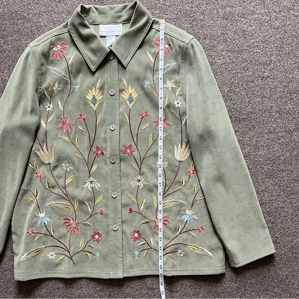Susan Graver Embroidered Floral Faux Suede Button Up Shirt Jacket Green Size M - Picture 10 of 15